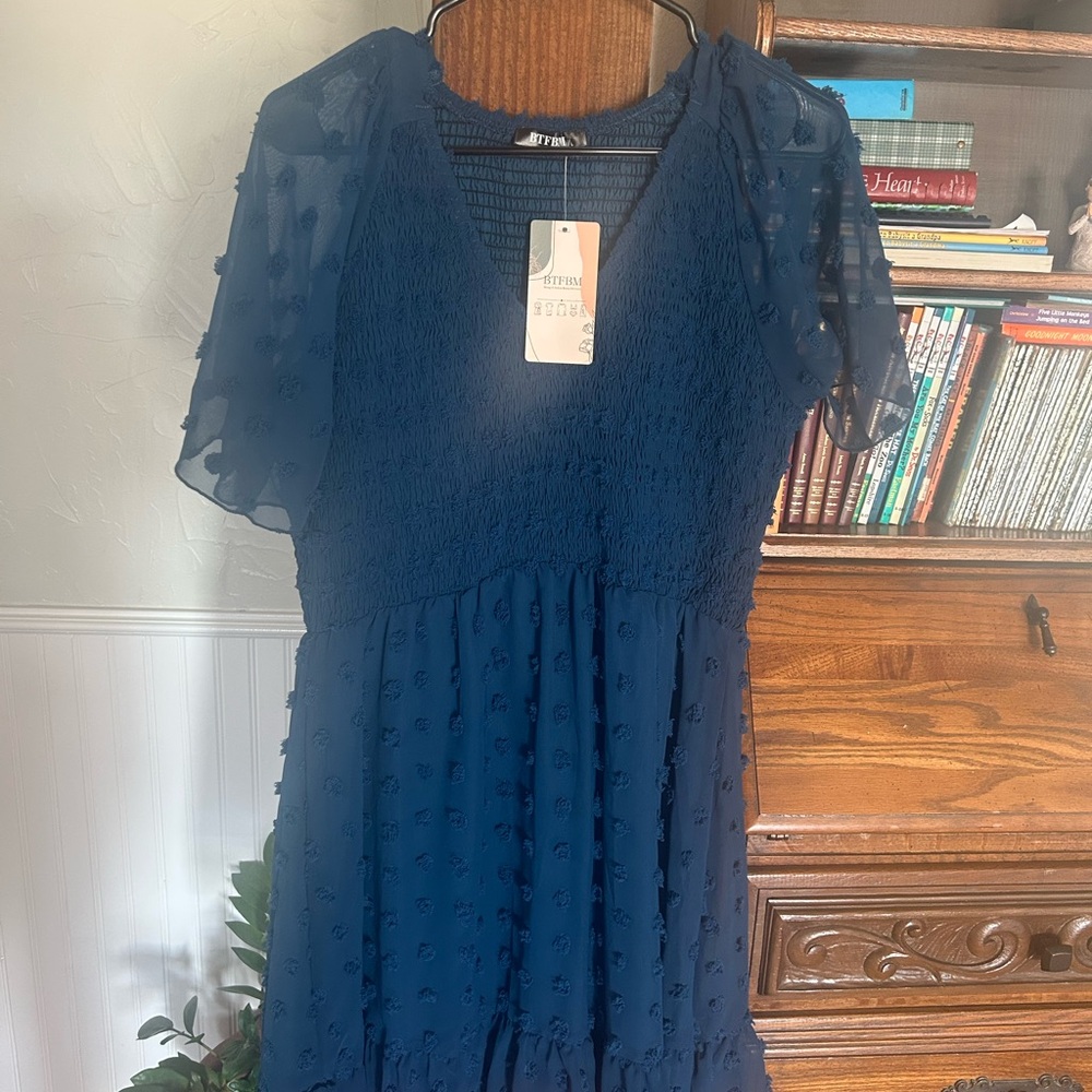 Navy Textured Midi Dress with Flutter Sleeves